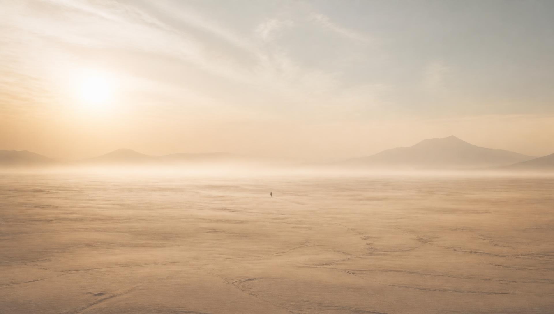 A vast pale desert at dawn with a single, distant, unidentifiable figure